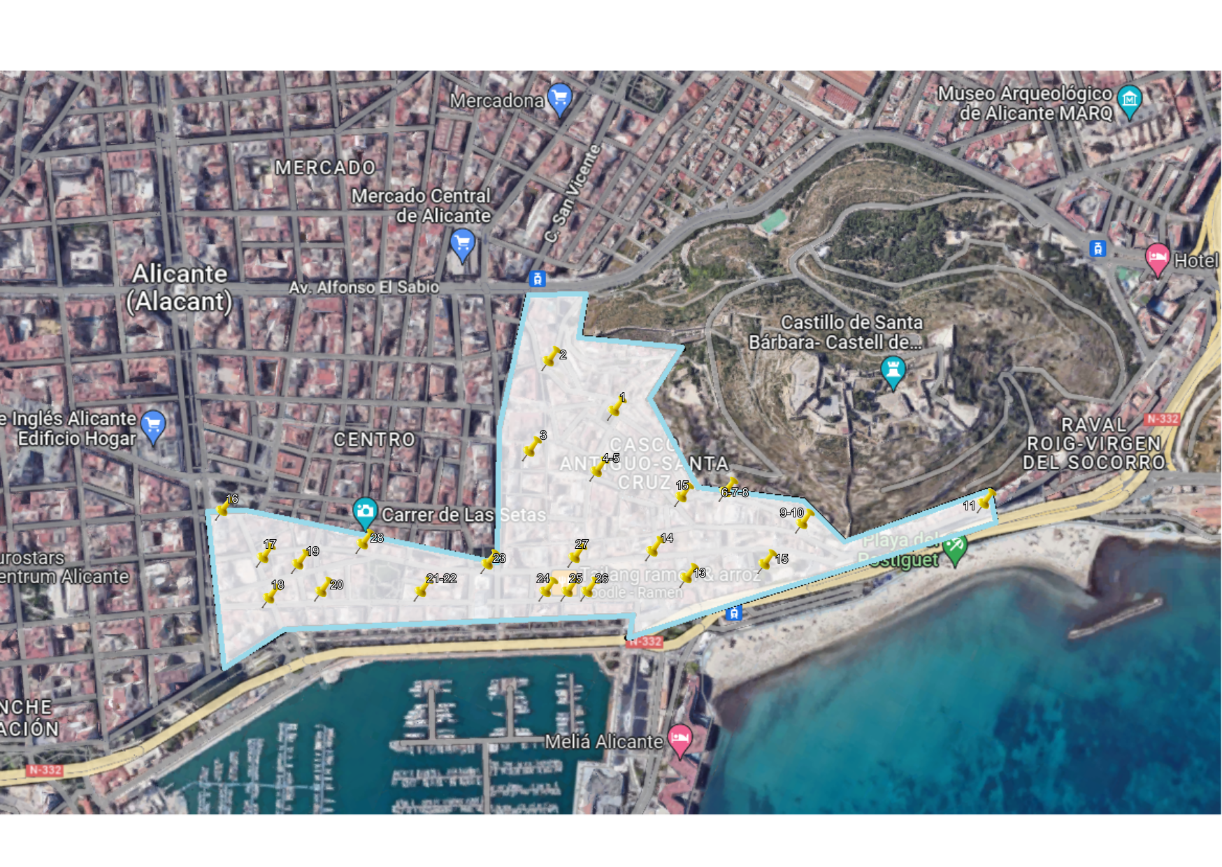 Mapa de alicante, dónde se indican la ubicación de los contenedores sotorrados.